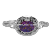 Natural Piedra preciosa de cobre amarillo púrpura de la turquesa y plata sólida de la plata esterlina 925 Brazalete redondo único